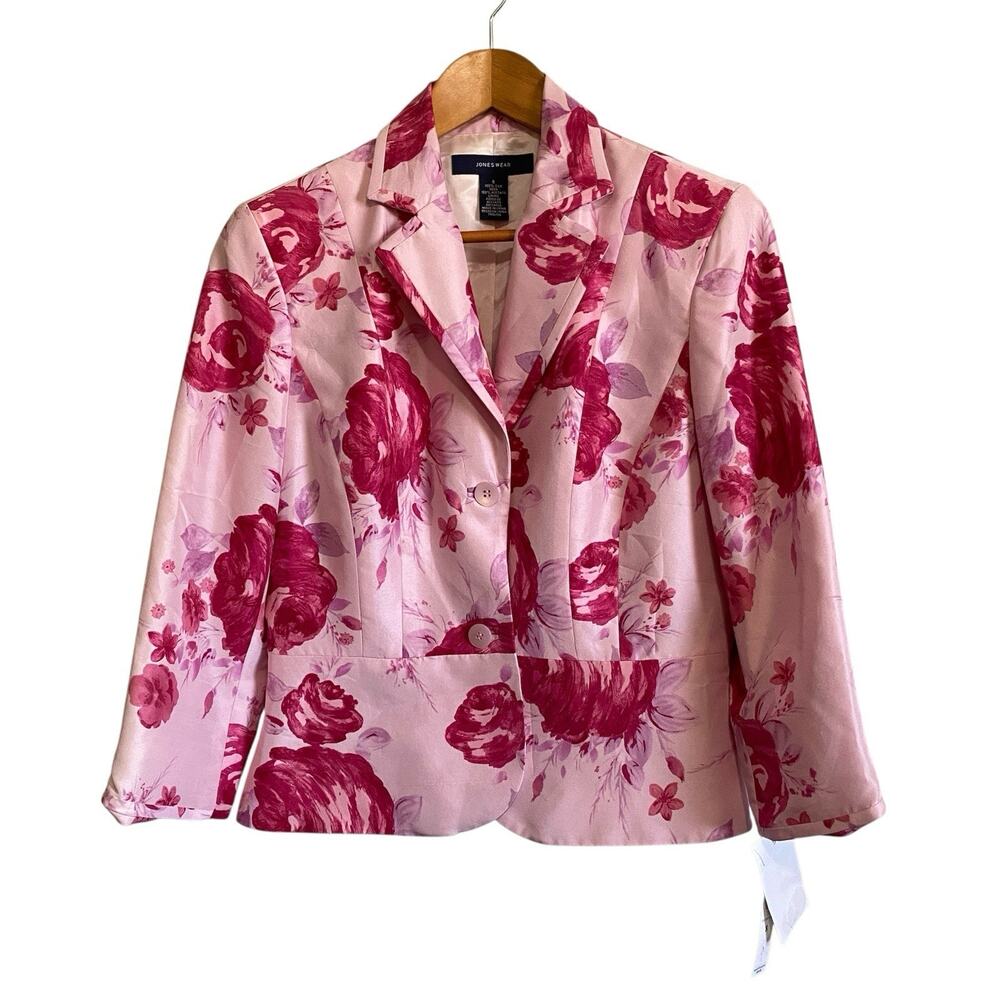 Jones Wear Pink Floral Button Silk Blazer Size 8 NWT Career Office Quite Luxury